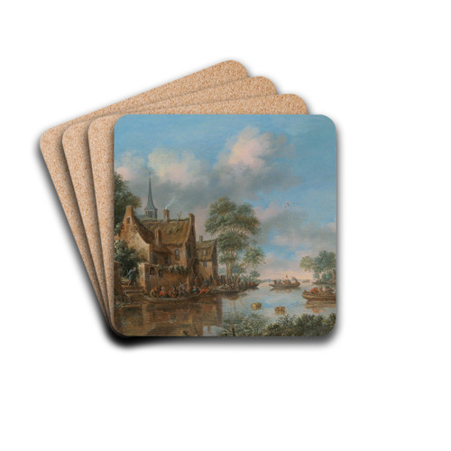 A river landscape with fishermen by Thomas Heeremans Drink Coasters - set of 4 A river landscape with fishermen by Thomas Heeremans Drink Coasters - set of 4