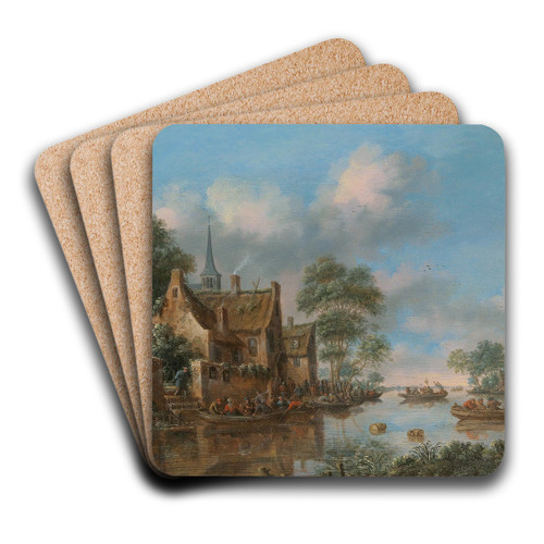 A river landscape with fishermen by Thomas Heeremans Art Drink Coaster set A river landscape with fishermen by Thomas Heeremans Art Drink Coaster set