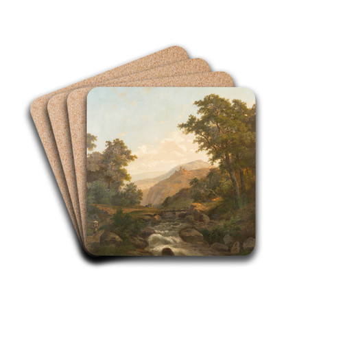Romantic landscape with castle and wild stream by Heinrich Eduard Heyn Drink Coasters - set of 4