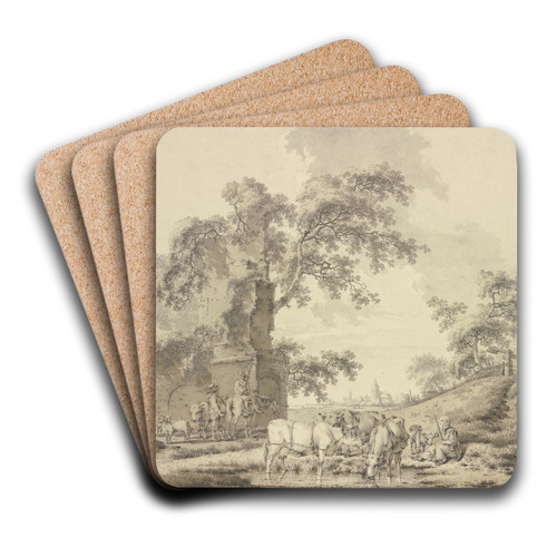 Bei Ruinen ein Hirte zu Pferde in Unterhaltung mit einem zu Fue, vorne eine Hirtin mit einigem Vieh by Bernhard Hendrik Thier Art Drink Coaster set