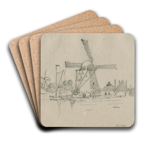 Mills and a farmhouse on a lake by Floris Verster Art Drink Coaster set Mills and a farmhouse on a lake by Floris Verster Art Drink Coaster set