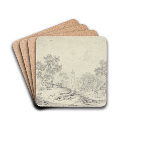 Bei einem Dorf unter einem Baum zwei ruhende Wanderer und ein stehendes Mdchen by Hendrik Meyer Drink Coasters - set of 4