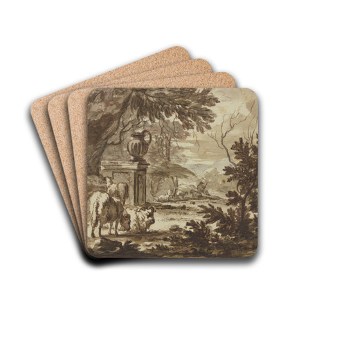 Bei einem Monument mit einer groen Vase ein Hirte mit Schafen by Jacob van der Does Drink Coasters - set of 4 Bei einem Monument mit einer groen Vase ein Hirte mit Schafen by Jacob van der Does Drink Coasters - set of 4
