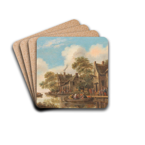 River landscape with ferry boats and a tavern by Thomas Heeremans Drink Coasters - set of 4 River landscape with ferry boats and a tavern by Thomas Heeremans Drink Coasters - set of 4