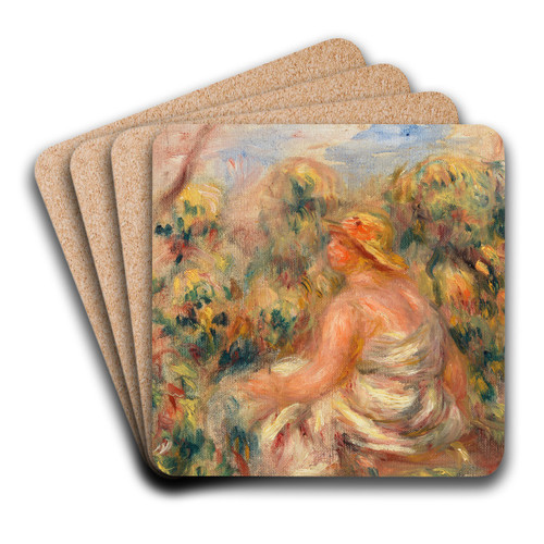 Woman with Hat in a Landscape (Femme avec chapeau dans un paysage) by Pierre-Auguste Renoir Art Drink Coaster set