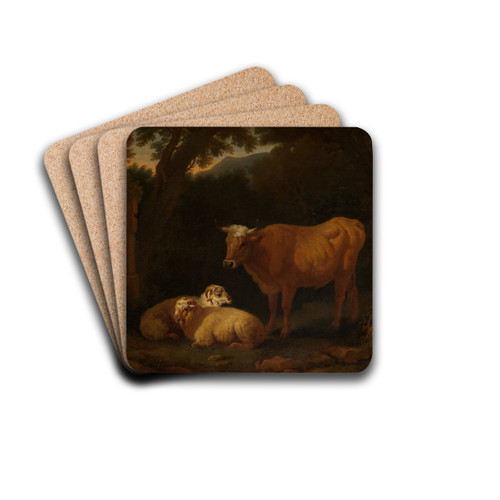Stehendes Rind und zwei liegende Schafe in Waldlandschaft by Simon van der Does Drink Coasters - set of 4