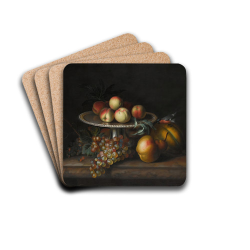 Peaches On A Silver Tazza With Grapes, A Pear, A Melon And A Bird On A Marble Ledge by Tobias Stranover Drink Coasters - set of 4