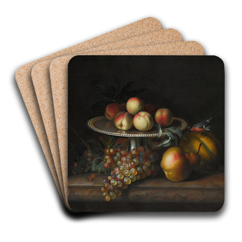 Peaches On A Silver Tazza With Grapes, A Pear, A Melon And A Bird On A Marble Ledge by Tobias Stranover Art Drink Coaster set