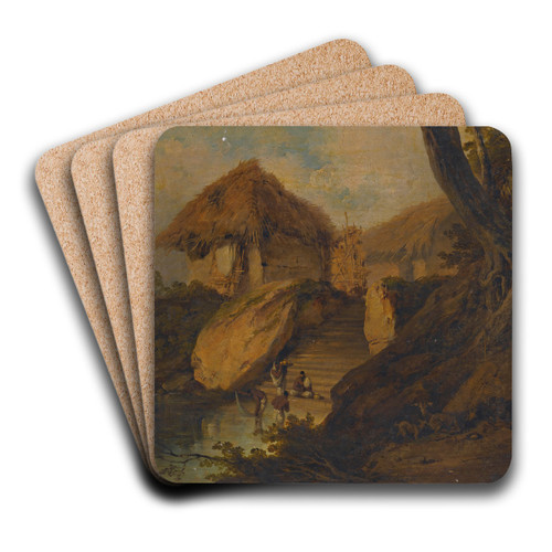 Figures Washing In A River With Thatched Huts Behind, Bengal, India by George Chinnery Art Drink Coaster set
