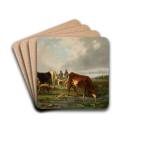 Cattle at the waterhole by Constant Troyon Drink Coasters - set of 4
