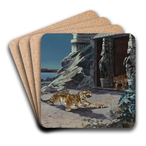 Tigers At A Temple Entrance by E. Baily Hilda Art Drink Coaster set Tigers At A Temple Entrance by E. Baily Hilda Art Drink Coaster set