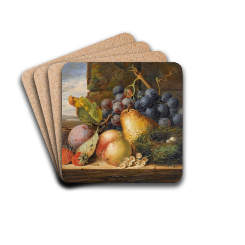 Still Life With A Bird's Nest,A Pear, A Peach, Grapes, Strawberries And Plums by Edward Ladell Drink Coasters - set of 4