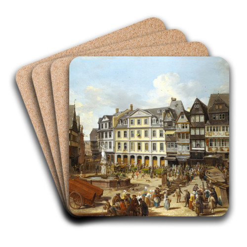 A Market on the Rmerberg in Frankfurt by Christian Georg Schtz the elder Art Drink Coaster set