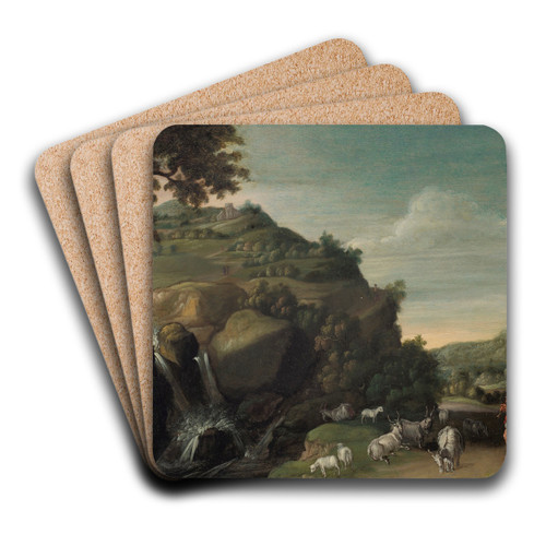 A hilly landscape with a waterfall and a goatherd by Jacob Symonsz. Pynas Art Drink Coaster set