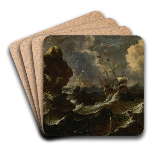 Frigates in a storm off a rocky coast by Antonio Marini Art Drink Coaster set