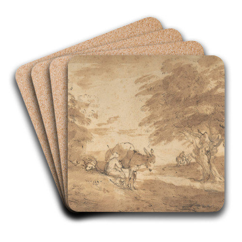 A Rest by the Way (Open Landscape with Figures, Donkey and Horses) by Thomas Gainsborough Art Drink Coaster set A Rest by the Way (Open Landscape with Figures, Donkey and Horses) by Thomas Gainsborough Art Drink Coaster set