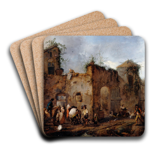 Courtyard with a Farrier shoeing a Horse by Philips Wouwerman Art Drink Coaster set