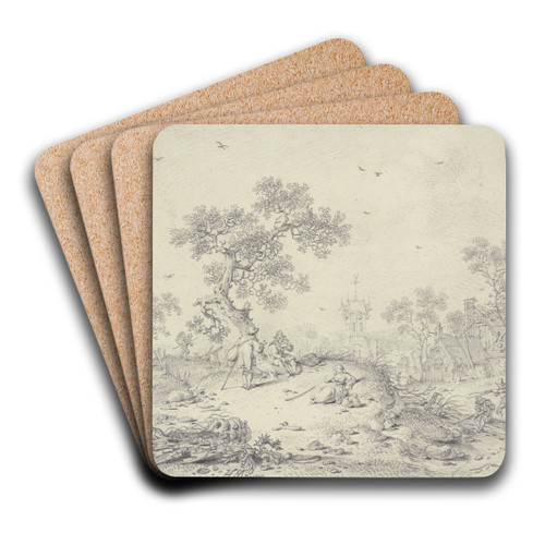 Bei einem Dorf unter einem Baum zwei ausruhende Wanderer, vor ihnen ein ruhendes Mdchen by Hendrik Meyer Art Drink Coaster set Bei einem Dorf unter einem Baum zwei ausruhende Wanderer, vor ihnen ein ruhendes Mdchen by Hendrik Meyer Art Drink Coaster set