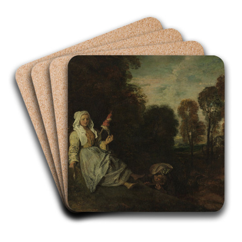 Evening Landscape with Spinner by Jean-Antoine Watteau Art Drink Coaster set