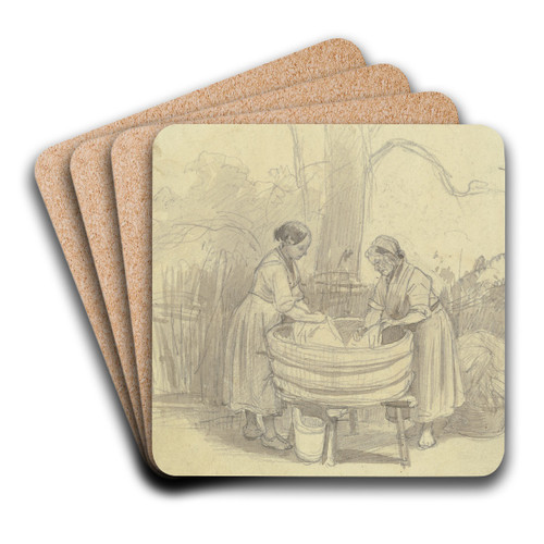 Zwei Wscherinnen unter einem Baum an der Waschbtte, beide im Profil by Jakob Frchtegott Dielmann Art Drink Coaster set