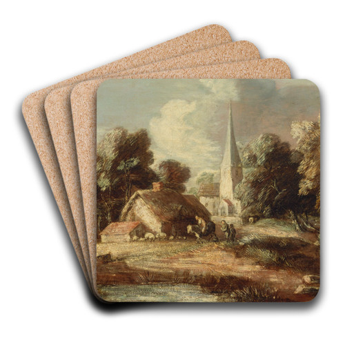 Landscape with cottage and church by Thomas Gainsborough Art Drink Coaster set