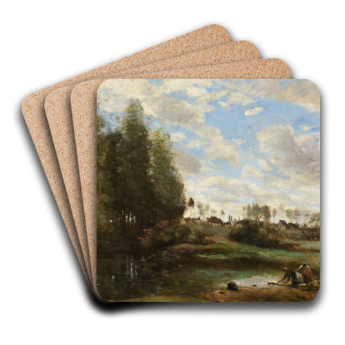 Laveuses au bord de l'eau by Jean-Baptiste-Camille Corot Art Drink Coaster set