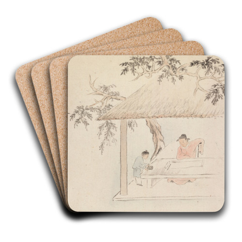 A Man Sits at a Table before an Open Scroll; a Boy Mixes Ink by Hua Yan Art Drink Coaster set