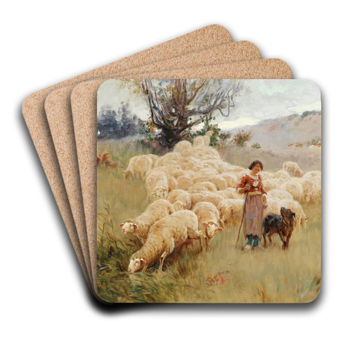 A Flock of Sheep by Alfred Plauzeau Art Drink Coaster set