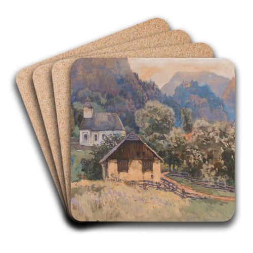 A small church and a shed in Johnsbach Gesuse mountains by Fritz Lach Art Drink Coaster set