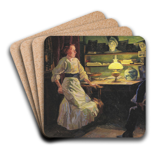 Interir med lampelys og to figurer by Edvard Weie Art Drink Coaster set