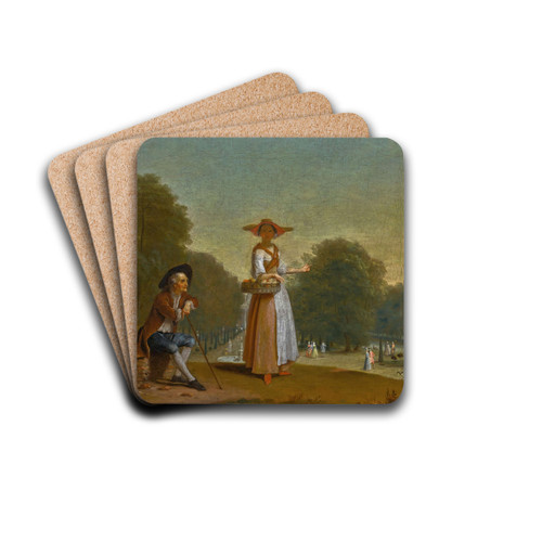 A fruitseller and a man resting, a park beyond by Pieter Angillis Drink Coasters - set of 4 A fruitseller and a man resting, a park beyond by Pieter Angillis Drink Coasters - set of 4