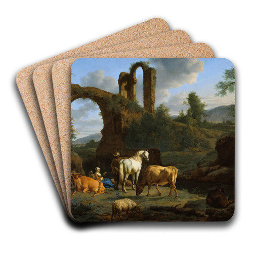 Pastoral Landscape with Ruins by Adriaen van de Velde Art Drink Coaster set