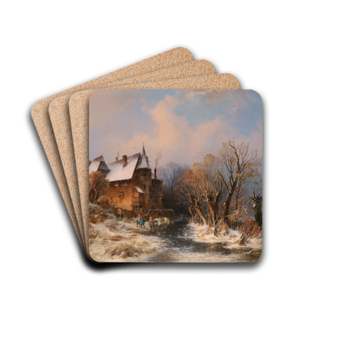 River Landscape in Winter with House and decorative figures by Adolf Stademann Art Drink Coaster set