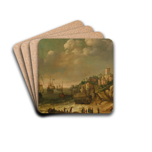Dutch ships in front of a rocky coast with figures, buildings beyond by Adam Willaerts Drink Coasters - set of 4