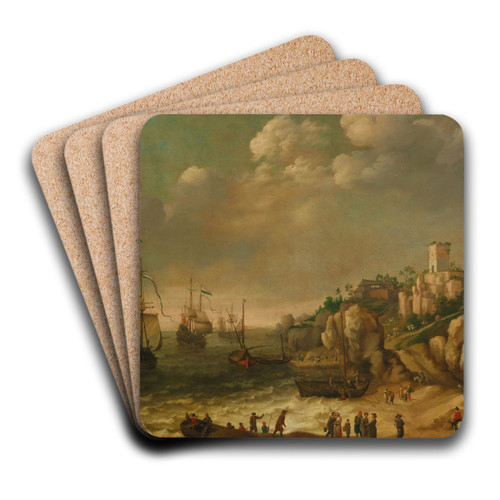 Dutch ships in front of a rocky coast with figures, buildings beyond by Adam Willaerts Art Drink Coaster set