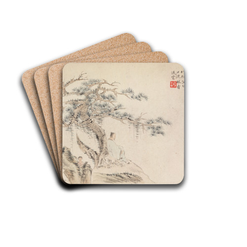 An Old Man Sits under a Pine Tree, a Boy is behind a Stone by Hua Yan Drink Coasters - set of 4