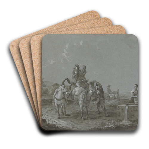 Knabe auf einem sich bumenden Pferd, davor ein Knecht mit zwei Pferden, rechts eine junge Frau mit einem Eimer am Brunnen by Johann Georg Pforr Art Drink Coaster set Knabe auf einem sich bumenden Pferd, davor ein Knecht mit zwei Pferden, rechts eine junge Frau mit einem Eimer am Brunnen by Johann Georg Pforr Art Drink Coaster set