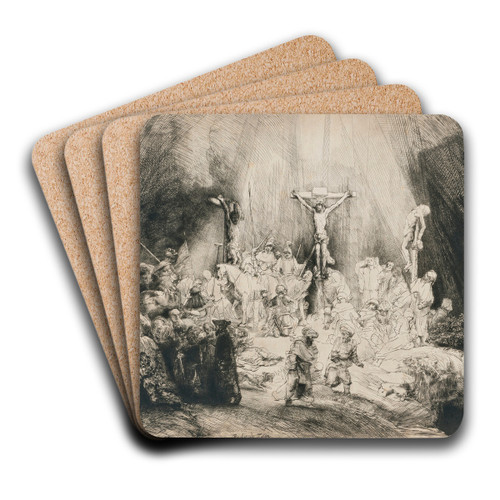 Christ crucified between the two Thieves: 'The Three Crosses' by Rembrandt van Rijn Art Drink Coaster set