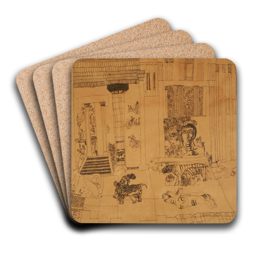 Untitled (palace with emperor statue and tigers) by Carl Fredrik Hill Art Drink Coaster set