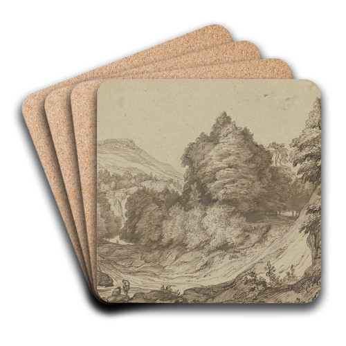 Gebirgslandschaft mit Wald, links am Weg ein sitzender und ein stehender Mann by Jacob Esselens Art Drink Coaster set Gebirgslandschaft mit Wald, links am Weg ein sitzender und ein stehender Mann by Jacob Esselens Art Drink Coaster set