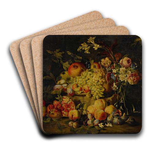 Still life of flowers and fruits, including pomegranates, peaches, and grapes by Abraham Brueghel Art Drink Coaster set