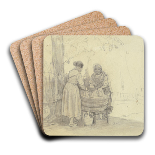 Zwei Wscherinnen unter einem Baum an der Waschbtte, die eine von hinten, die andere von vorne by Jakob Frchtegott Dielmann Art Drink Coaster set