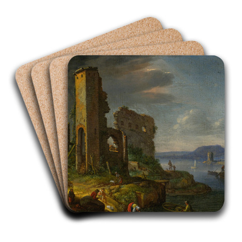 River Landscape With Ruins, Boats And Figures by Herman Saftleven Art Drink Coaster set River Landscape With Ruins, Boats And Figures by Herman Saftleven Art Drink Coaster set