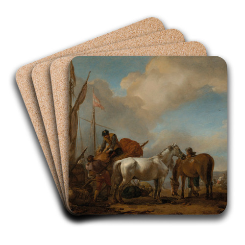 Horses in a landscape with figures loading bales onto a boat by Philips Wouwerman Art Drink Coaster set