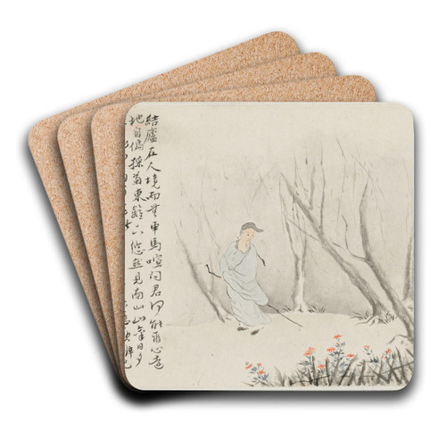 An Old Man with a Staff walks a Wooded Path by Hua Yan Art Drink Coaster set