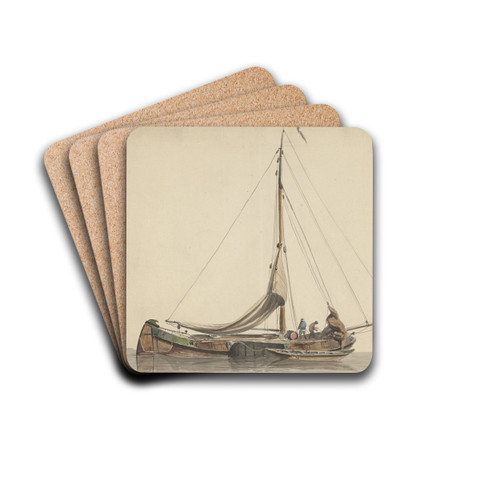 Twee mannen werkend op een platbodem met gestreken zeilen by Adrianus Eversen Drink Coasters - set of 4 Twee mannen werkend op een platbodem met gestreken zeilen by Adrianus Eversen Drink Coasters - set of 4