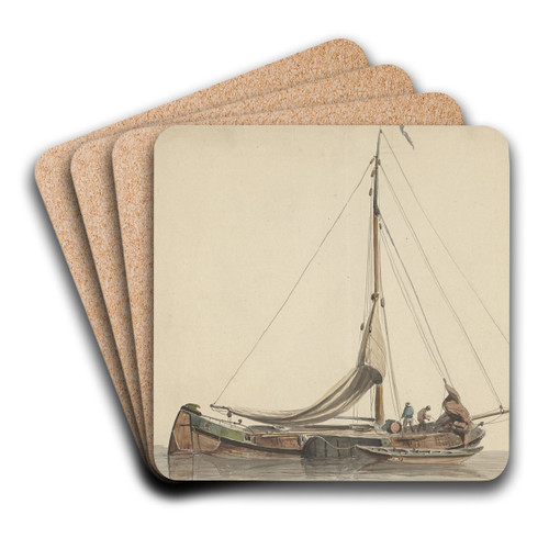 Twee mannen werkend op een platbodem met gestreken zeilen by Adrianus Eversen Art Drink Coaster set Twee mannen werkend op een platbodem met gestreken zeilen by Adrianus Eversen Art Drink Coaster set