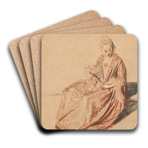 Seated Woman with a Fan by Jean-Antoine Watteau Art Drink Coaster set