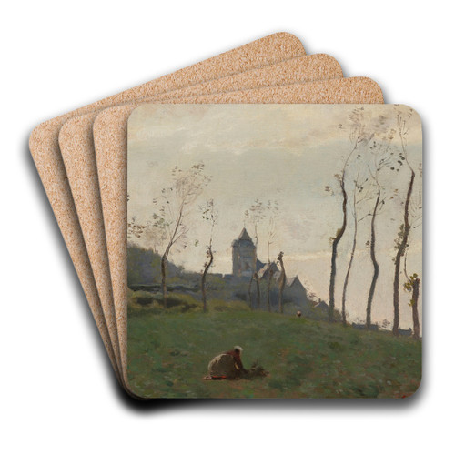 Le Trport - Un pr et l'glise by Jean-Baptiste-Camille Corot Art Drink Coaster set Le Trport - Un pr et l'glise by Jean-Baptiste-Camille Corot Art Drink Coaster set