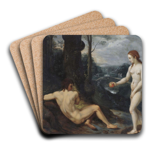 The Temptation Of Adam And Eve by Laurentius de Neter Art Drink Coaster set